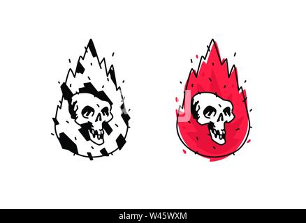 Illustration of a burning white skull. Vector icon. Image is isolated on white background. Burning skull, comic style. A tattoo, a logo for a biker cl Stock Vector