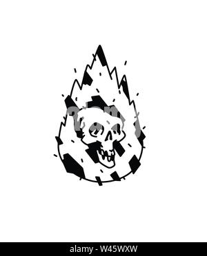 Illustration of a burning white skull. Vector icon. Image is isolated on white background. Burning skull, comic style. A tattoo, a logo for a biker cl Stock Vector