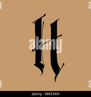 Letter H, in the Gothic style. Vector. Alphabet. The symbol is isolated on a golden background. Calligraphy and lettering. Medieval Latin letter. Logo Stock Vector