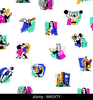 A set of icons on the theme of art forms. Music, choreography, singing, literature, theater, circus. Vector illustration. Hobbies of creative people. Stock Vector