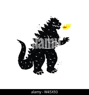 Illustration of fire-breathing, dragon, dinosaur. Vector illustration. A hero for a site, a banner or a store. Image is isolated on white background. Stock Vector