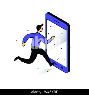 Illustration of a man running to the phone. Vector illustration. Catch the bell. Image is isolated on white background. Dependence on the phone and th Stock Vector