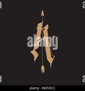 Logo, letters A with an arrow, in a Gothic style. Vector logo. Image is isolated on a black background. Monogram A for the tattoo. Medieval letter. Em Stock Vector