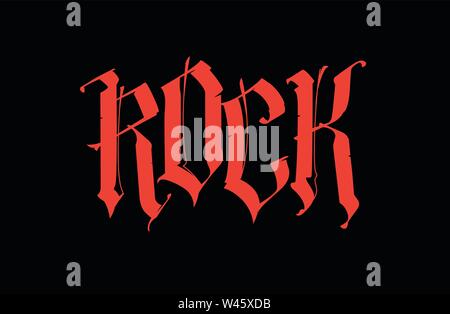 Gothic, inscription Rock. Vector. Font for tattoo. The word is isolated on a black background. Calligraphy and lettering. Red letters. Logo for T-shir Stock Vector