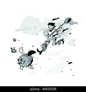 Illustration of a man running with flies and beetles. Vector illustration. The tester catches bugs and errors. Image is isolated on white background. Stock Vector