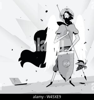Illustration of a programmer in the image of a saint. Vector illustration. The programmer catches errors and bugs. Saint protects against viruses. Mas Stock Vector
