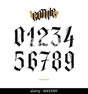 The numbers are in the Gothic style. Vector. Symbols isolated on white background. Calligraphy and lettering. Medieval figures. Individual symbols. El Stock Vector