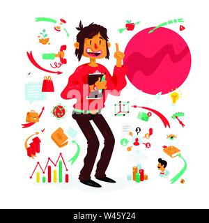 A set of icons on the theme of business processes. Vector. A bright cartoon character with infographics. A man with a tablet and a pencil. Fashionable Stock Vector