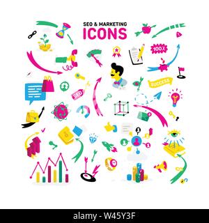 A set of icons on the theme of CEO and Marketing. Vector. Bright cartoon characters for banner, site and print. All images are isolated on white backg Stock Vector