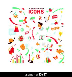 A set of icons on the theme of CEO and Marketing. Vector. Bright cartoon characters for banner, site and print. All images are isolated on white backg Stock Vector
