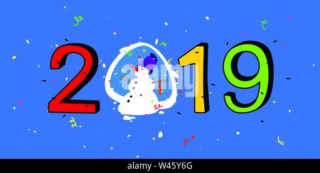 Christmas illustration. Vector. Snowman and the inscription 2019. Cartoon Character with a red carrot and a bucket on his head. Happy new year and chr Stock Vector