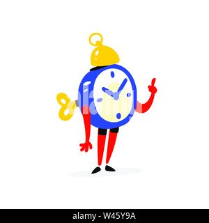 Cartoon character is an alarm clock. Vector. Time is running out. The clock is working. Time waits. Image is isolated on white background. Flat illust Stock Vector