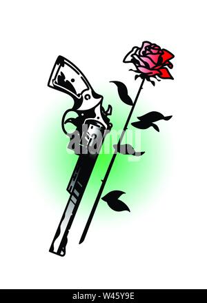 A tattoo of a revolver and roses. Vector. Vintage tattoo in the style of the American old school. Image is isolated on white background. Color pattern Stock Vector