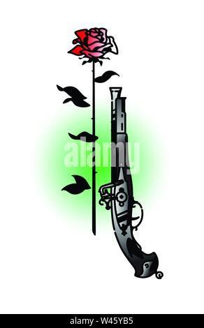 Tattoo of an antique pistol and a rose. Vector. Vintage tattoo in the style of the American old school. Image is isolated on white background. Contour Stock Vector