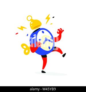 Cartoon character is an alarm clock. Vector. Time is running out. The clock is ringing. Time is running out. Image is isolated on white background. Fl Stock Vector