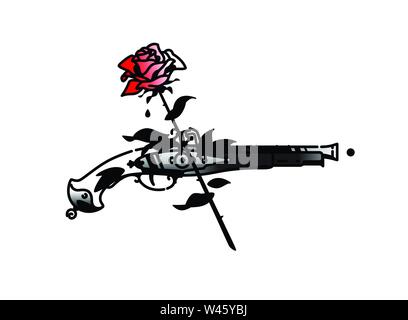 Tattoo of an old pistol and roses. Vector. Vintage tattoo in the style of the American old school. Image is isolated on white background. Contour colo Stock Vector