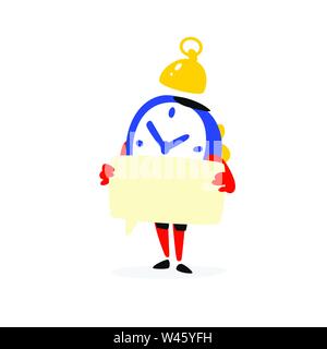 Cartoon character is an alarm clock. Vector. Time is running out. Clock with a sign. Time waits. Image is isolated on white background. Flat illustrat Stock Vector