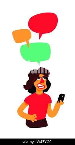 A guy with comic bubbles and a phone. Vector. A man communicates in the chat. Illustration in the cartoon style. The illustration is isolated on a whi Stock Vector