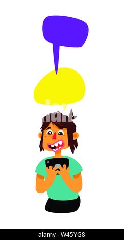 A guy with comic bubbles and a tablet. Vector. A man communicates in the chat. Illustration in the cartoon style. The illustration is isolated on a wh Stock Vector