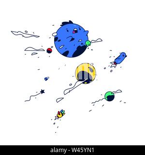 Amazing cartoon character. Blue bubble levitates in space. Cute monster. Vector. Cheerful fantasy world. Sticker. Mascot for a company or a game studi Stock Vector