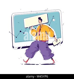 Illustration of a manager with a big cover. Vector. Manager on the background of the monitor and interface elements. SEO. Image is isolated on a white Stock Vector