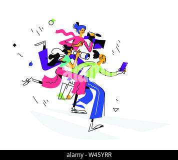 Illustration of girls bloggers, journalists. Vector. Three girls in retro style. Women shoot on the phone, photo and video cameras. Illustration for w Stock Vector