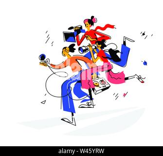 Illustration of journalists girls with a microphone, and video, cameras. Vector. Three girls in retro style. Illustration for women's magazine, articl Stock Vector