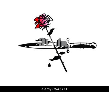 Tattoo of a dagger and roses. Vector. Vintage tattoo in the style of the American old school. Image is isolated on white background. Contour drawing. Stock Vector