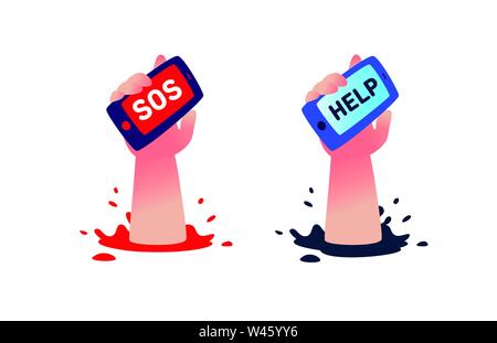 A human hand with a phone asks for help. Vector. Flat illustration. A cry for help, a SOS signal, through communication. Image is isolated on a white Stock Vector