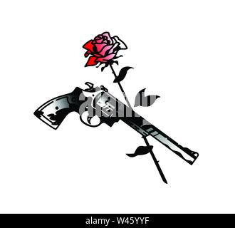 Tattoo pistol revolver and roses. Vector. Death and love. Hipster tattoo. The style of the old American school. Image is isolated on a white backgroun Stock Vector