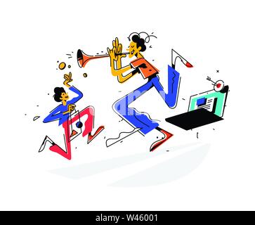 Illustration of a man playing a trumpet and attracting customers to the site. Vector. A bright vintage image of metaphor. Illustration for website or Stock Vector