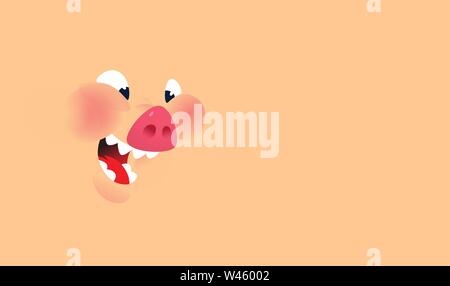 Cartoon face of a pig. Vector. Background for text and design. Emotion, a smile of a pork character. Illustration of Pork for menu, restaurant and pac Stock Vector