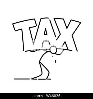 Illustration of a man carrying the burden of tax. Vector. The word tax. Metaphor. Linear style. Illustration for website or presentation. Cargo. Taxes Stock Vector