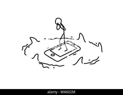 Illustration of a man on a smartphone surrounded by sharks. Vector. Danger and dependence on the gadget. Metaphor. Linear style. Illustration for webs Stock Vector