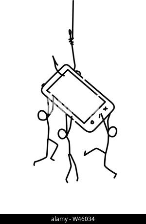 Illustration of little men on a pen. Vector. Smartphone as bait. Dependence on the phone and the Internet. Linear style. Illustration for website or p Stock Vector