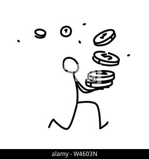Illustration of a little man running with coins. Vector. Illustration for animation, re-presentation or website. Simple contour man. Businessman runs Stock Vector