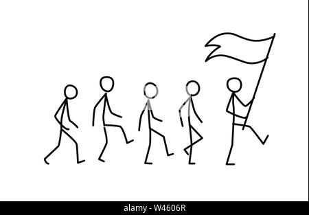 Illustration of the team following the leader. Vector. Way only in front. The flag bearer goes to the goal. Metaphor. Linear style. Illustration for w Stock Vector