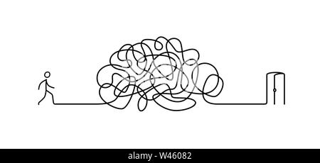 Illustration of a man walking through a labyrinth to the exit. Vector. The labyrinth is like a brain. Metaphor. Linear style. Illustration for a websi Stock Vector