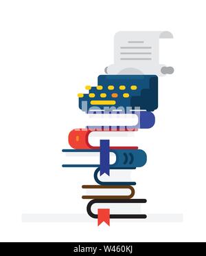 Typewriter on a stack of books. Vector. Flat style. Illustration for poster, print and website. Vintage device with manuscripts. Stock Vector