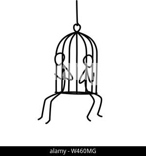 Illustration of two people sitting in a cage. Vector. The prisoners are men in a cage. The slave trade and the illegal labor of migrants. Metaphor. Co Stock Vector