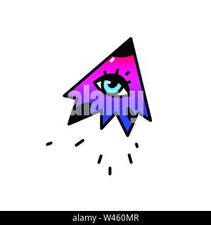 Illustration of a flying eye. Vector. Cartoon flat style. Blue eye flies in the sky. The symbol of the all-seeing eye. Logo, image for studio, company Stock Vector