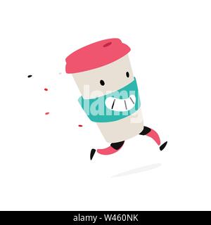Character running glass. Vector. Logo for coffee shops and fast food. Funny illustration of a plastic cup. Cartoon badge, emblem for the company. Stic Stock Vector