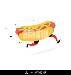Icon running hot dog. Vector. Logo for fast food and food delivery. Funny illustration of a sandwich with sausage. Cartoon badge, emblem for the compa Stock Vector