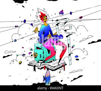 Illustration of an accountant at work. Vector. Cartoon flat style. Girl accountant keeps accounts. Businesswoman sits on a safe against white backgrou Stock Vector
