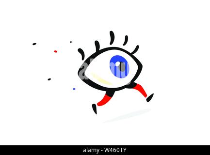 Illustration of a running eye. Vector. Cartoon flat style. Character for company and logo. Brand Eye Clinic. The whole thing icon. All-seeing eye. Stock Vector