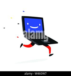 Running laptop. Vector. Vintage, retro screen in blue. Logo for a company or service center. Flat style. Order and delivery via the Internet. Stock Vector
