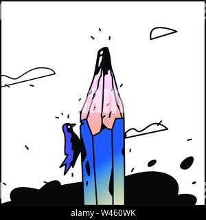 Illustration of a pencil and woodpecker. Vector. Cartoon flat style. Blue pencil in the sky among the clouds. Symbol of creativity and creativity. Log Stock Vector