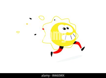Illustration of a running sun. Vector. Round face with legs. Cartoon flat style. Yellow sun character for company and logo. Brand company. Fun positiv Stock Vector