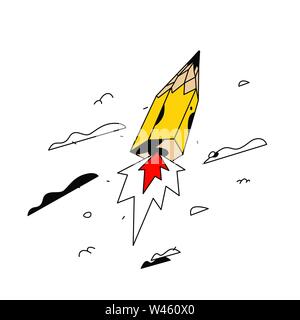 Illustration of a flying pencil-rocket. Vector. Cartoon flat style. Yellow pencil in the sky among the clouds. Symbol of creativity and creativity. Lo Stock Vector