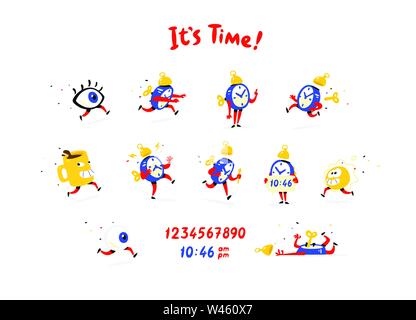 Cartoon characters alarm clock. Vector. Set of emotions and alarm clocks. The life of the clock. Logo for company, print and website. Time to wake up! Stock Vector